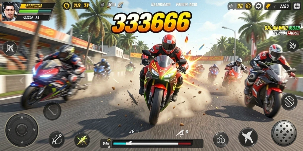 Tampilan gameplay balapan motor yang mendebarkan dan penuh aksi.
