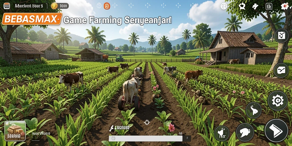 Tampilan gameplay seru di BEBASMAX dengan aktivitas bertani.