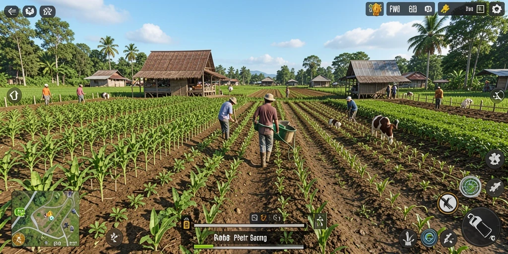 Screenshot gameplay FW66 menunjukkan aktivitas bertani yang seru dan interaktif.