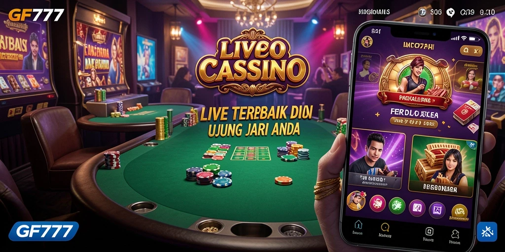 Screenshot gameplay GF777 yang menampilkan dealer langsung di meja permainan.